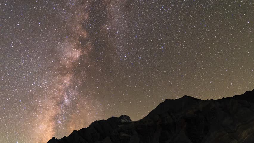 4K Time lapse shot of Milkyway galaxy above Himalayan mountains as seen from Keylong in Lahaul and Spiti district, Himachal Pradesh, India. Milkyway at night during clear sky.