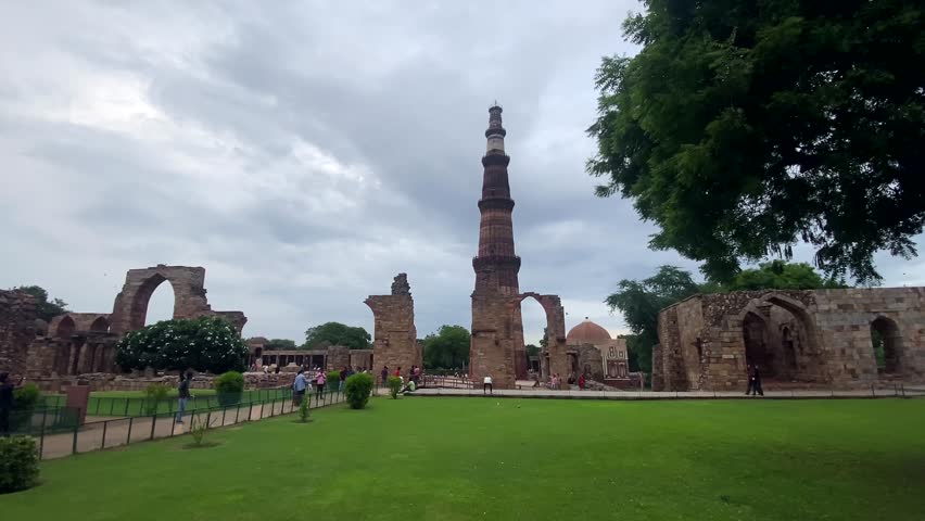 New Delhi, Delhi, India 27 July 2022. The Qutub Minar in Delhi, India, is the tallest brick minaret at 72.5 meters, showcasing 12th-century Indo-Islamic architecture.