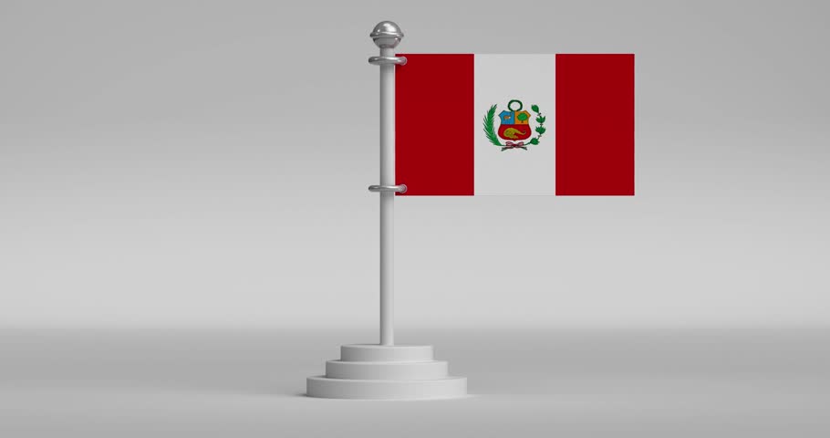 This stunning 3D animation showcases the iconic Peruvian flag, with its bold vertical stripes of red and white, and the national coat of arms centered on the white stripe, elegantly waving in the wind