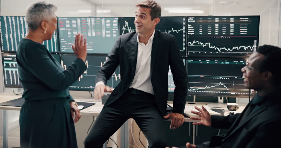 Stock market team, business people and high five for celebration, success or applause. Excited group, cheers or hands together in office for profit growth, investment performance or financial trading