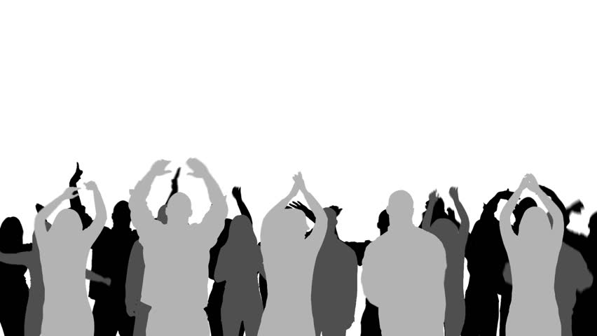 Silhoutted men and women, cheering and being enthusiastic in a crowd. Black,