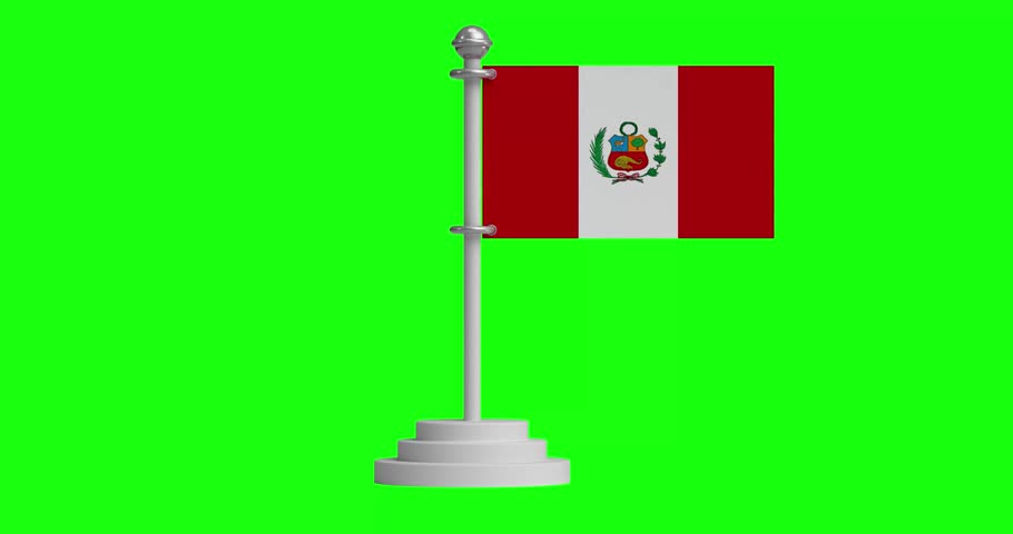 This stunning 3D animation showcases the iconic Peruvian flag, with its bold vertical stripes of red and white, and the national coat of arms centered on the white stripe, elegantly waving in the wind