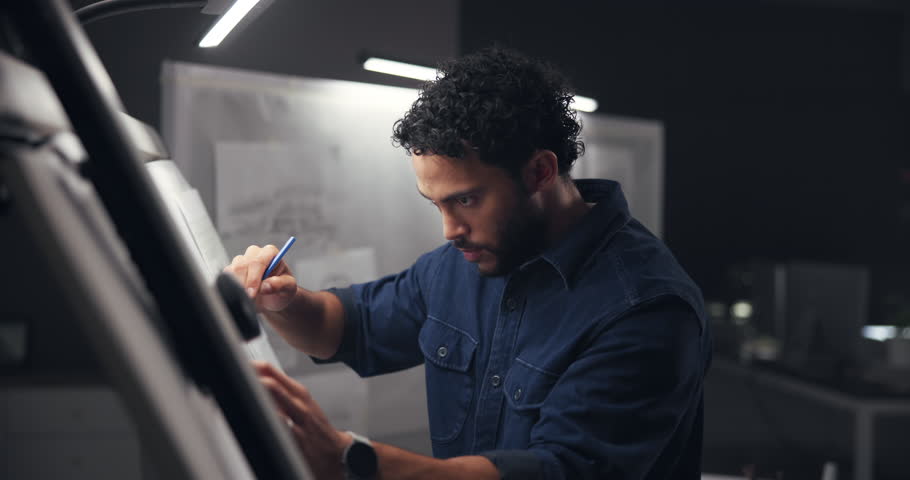 Drawing, night and man in studio for creative project with deadline for startup, business or visual design. Planning, blueprint and male architect sketching with product prototype in office.