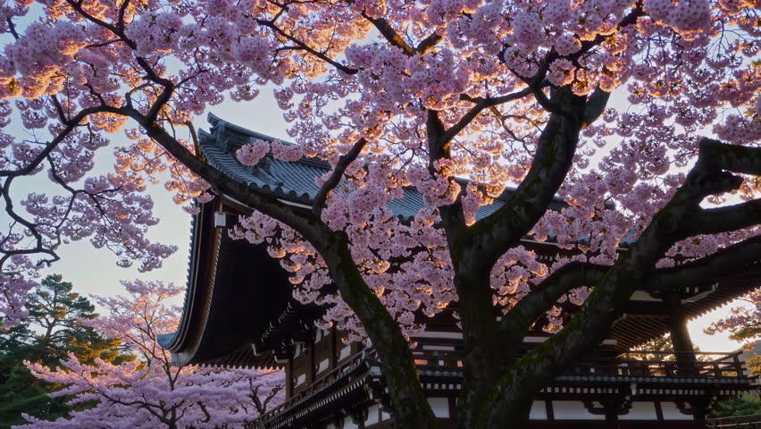 Witness the stunning cherry blossoms blooming vibrantly beside a tranquil traditional Japanese building at sunset