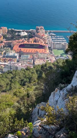 Aerial view of the Principality of Monaco, Monte Carlo, Ligurian Sea coast. High quality 4k footage