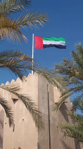 UAE flag on top of traditional wind tower surrounded by palm trees. High quality 4k footage.