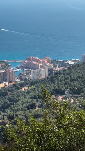 Aerial view of the Principality of Monaco, Monte Carlo, Ligurian Sea coast. High quality 4k footage