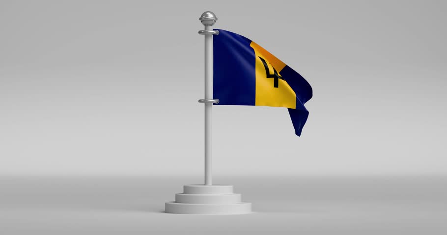 This stunning 3D animation showcases the iconic Barbadian flag, with its bold vertical stripes of ultramarine blue and gold, and a black trident head centered on the gold stripe, elegantly waving.