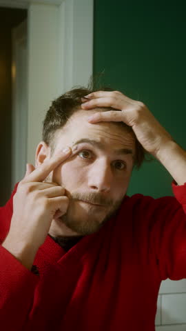 Young man in a red sweater examining his new eyebrow piercing in the mirror with a concerned expression, feeling discomfort or uncertainty about the fresh piercing – vertical stock video.