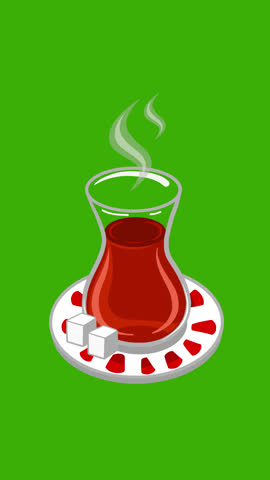 Animated hot Turkish tea cup design element. Isolated Turkish tea cup on green screen. Glass tea cup. Vector design element for graphic design. Traditional drink in Turkey. 