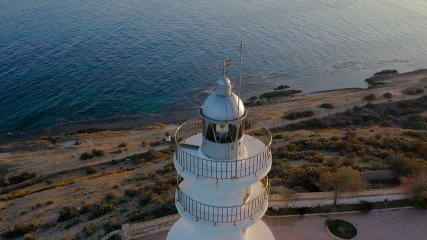 Aerial view of the sunset in Cabo Huertas, and the buildings next to San Juan Beach in the Mediterranean city of Alicante, Spain.