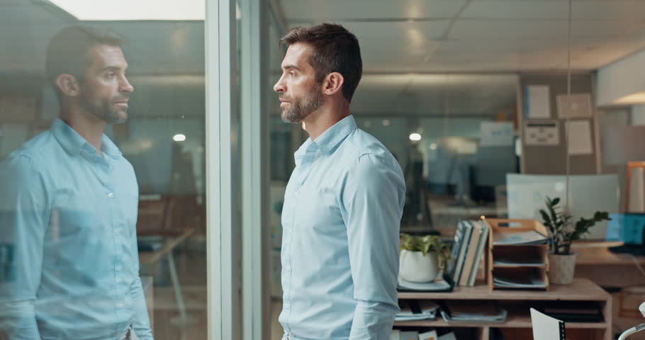 Thinking, arms crossed and face of business man in office for reflection, economist and auditor vision. Memory, brainstorming and corporate solution with person in agency for problem solving