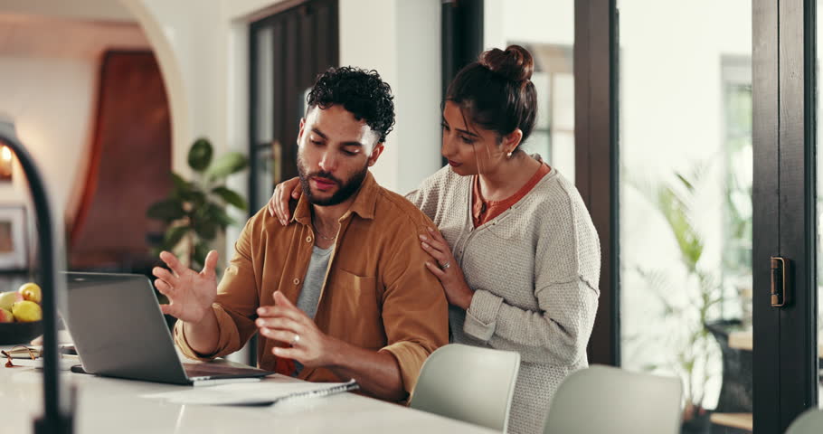 Laptop, talking or couple with financial documents checklist, budget and planning savings for teamwork. Calculator, investment and people organising bills for support, finance and household expenses