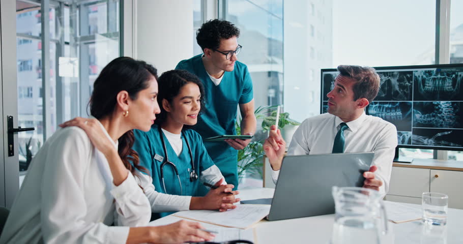 Laptop, paper and people planning for healthcare treatment, mentor and surgery internship. Collaboration, discussion and online for digital medical records, documents and website for orthopedics
