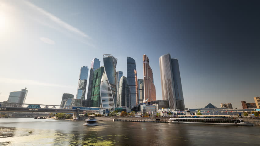 sunny day moscow city modern office towers riverside panorama timelapse 4k russia