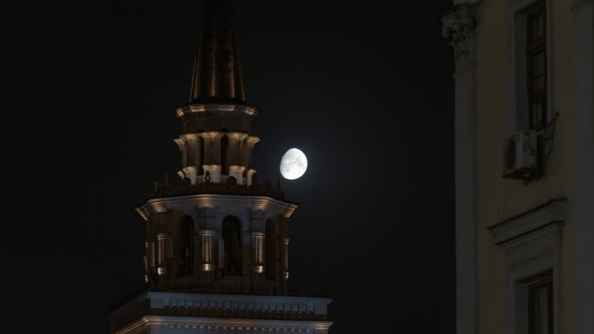 night time moscow city tower exterior moon light close up panorama timelapse 4k russia