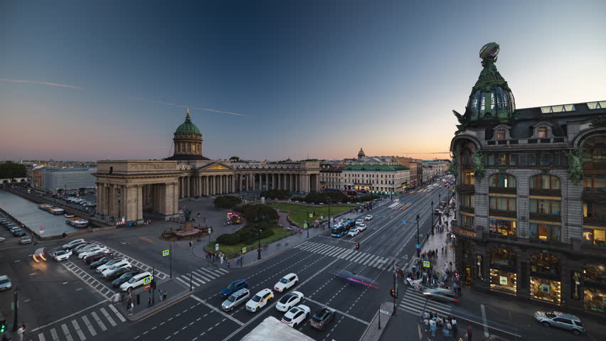 sunset twilight illumination saint petersburg famous palace traffic street crossroad rooftop panorama timelapse 4k russia