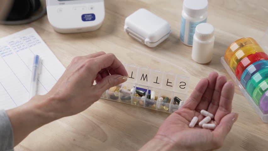 Senior woman putting her pill and vitamin into pill organizer at home