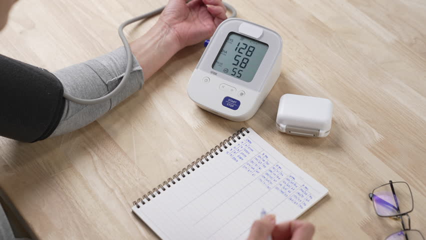 Senior woman using automatic blood pressure monitor. Woman using medical device for checking blood pressure.