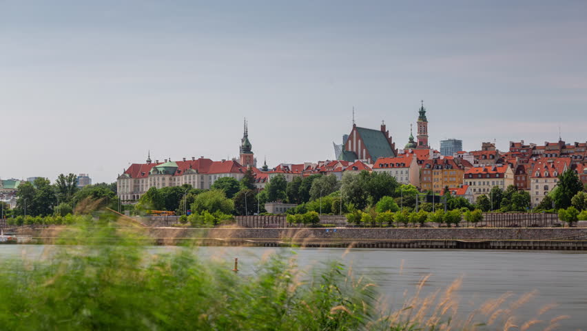 sunny day warsaw city famous riverside cityscape panorama timelapse 4k poland
