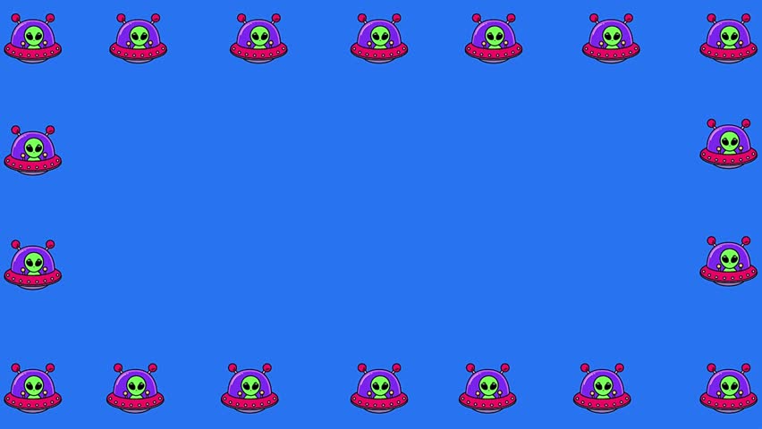 Cartoon Alien UFO ship frame design on blue screen.
