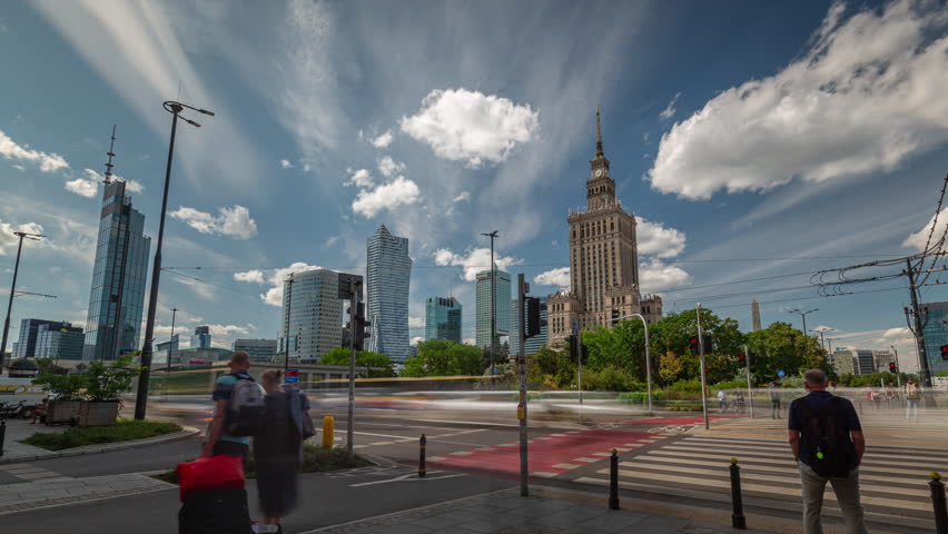 summer day time warsaw city center traffic street crossroad panorama timelapse 4k poland