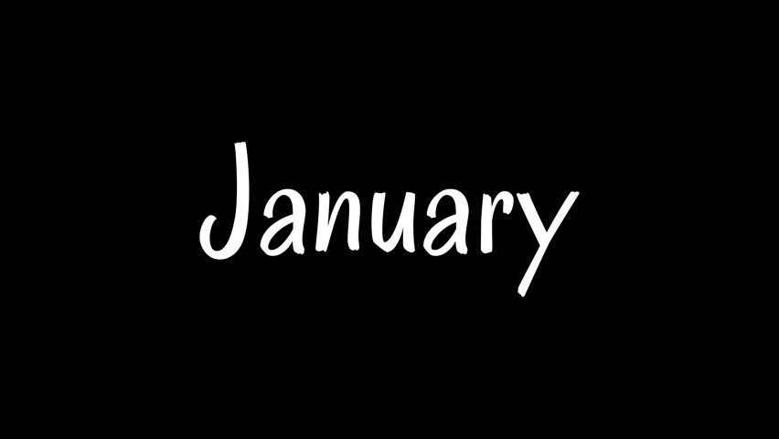 January text animation with the word January in white on a black background. Suitable for New Years Eve countdown, winter events promotions, and social media posts.