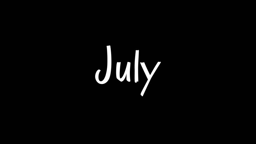 July text animation with the word July in white on a black background. Suitable for New Years Eve countdown, winter events promotions, and social media posts.