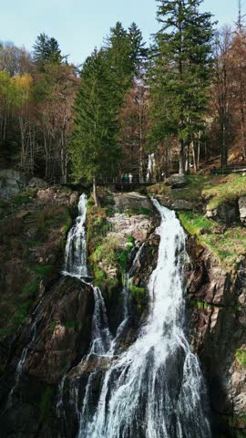 Todtnauer Waterfall in Black Forest, South Germany. Picturesque nature landscape with water flowing from mountains. Wild waterfall in Schwarzwald, Baden-Wurttemberg. Vertical video
