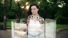 A young woman walks through a park while interacting with a futuristic holographic interface. Digital elements display maps, media, and data around her. Advanced augmented reality technology - Powered by Shutterstock - Get 15% off with code: PIKWIZARD15