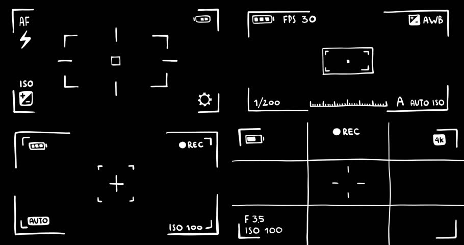 Camera Viewfinder Doodle Animated Pack. Hand-Drawn Loop Overlays with REC, ISO, and Exposure Icons for a Vintage Camcorder Look. Perfect for Video Editing and Storytelling. Alpha Channel Included.