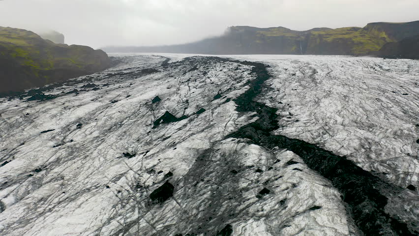 Aerial view of the spectacular surfece of the Solheimajokull glacier in southeast Iceland.