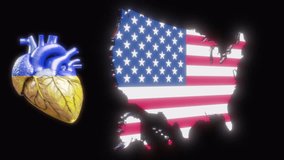 Looped animation of a blue and yellow Ukrainian heart and American territory with an American flag texture - Powered by Shutterstock - Get 15% off with code: PIKWIZARD15