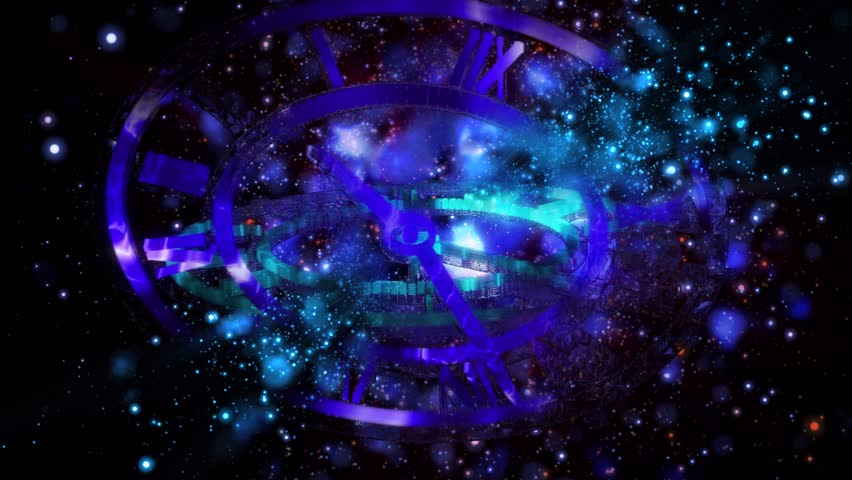 Abstraction symbolizing infinity. Transparent clock against the backdrop of a fast-moving galaxy

