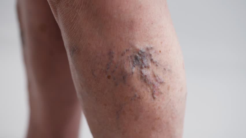Doctor examining varicose veins on woman's leg