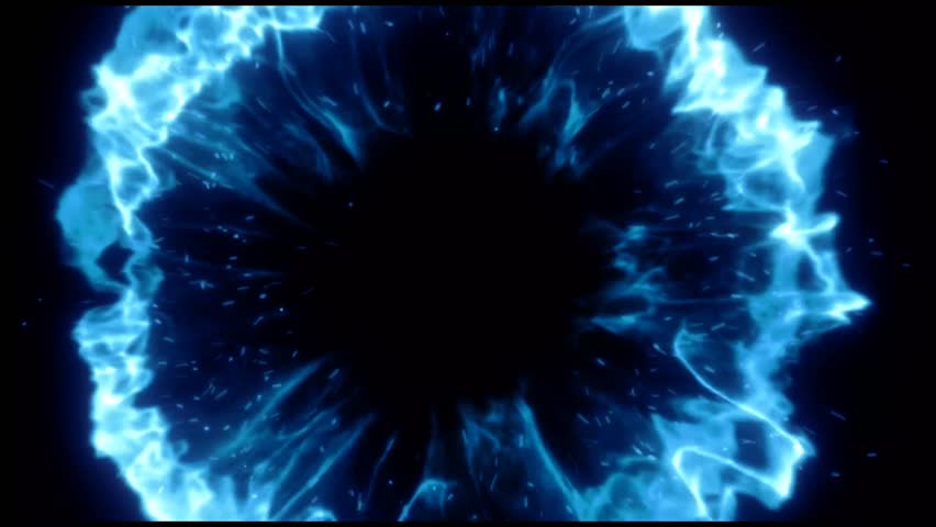Blue fire explosion with dynamic circular motion on a black screen. Fiery energy bursts with glowing flames, perfect for VFX, motion graphics, and overlays.