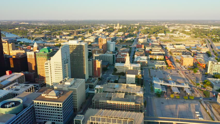Aerial view of Des Moines, Iowa skyline with forward camera motion. Des Moines is the capital and most populous city in the U.S. state of Iowa and it is the county seat of Polk County