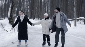 Older brother and sister are skating together on ice in park, hand in hand with their younger sibling. They chatting and smiling, clearly enjoying themselves. - Powered by Shutterstock - Get 15% off with code: PIKWIZARD15