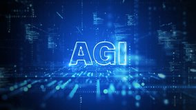 Glowing AGI text in a futuristic digital environment with data streams and code, symbolizing artificial general intelligence and advanced AI technology. Technology abstract background - Powered by Shutterstock - Get 15% off with code: PIKWIZARD15
