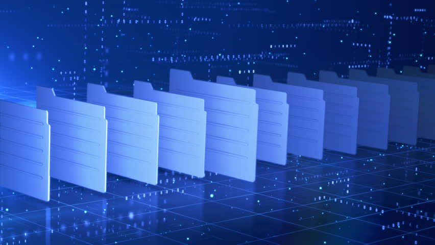Digital file folders in a futuristic cyber environment, represent data storage, cloud computing, document management, and file organization technology. Digital big data abstract background 4K