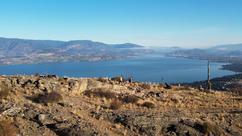 Aerial View of a Couple Hiking with a Sweeping Landscape View with a Lake