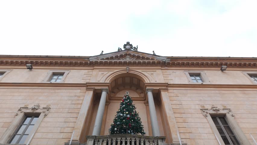 Christmas Tree At Entrance To Orvieto Underground In City Of Orvieto On Italian Hill In Umbria, Italy. dolly-in shot