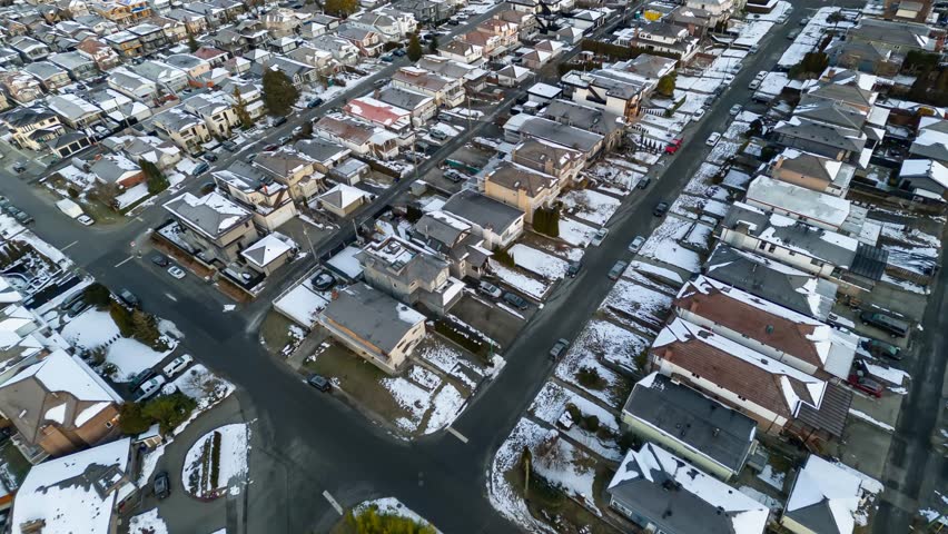 Aerial View of Snowy Vancouver, BC, Canada Neighborhood in Winter