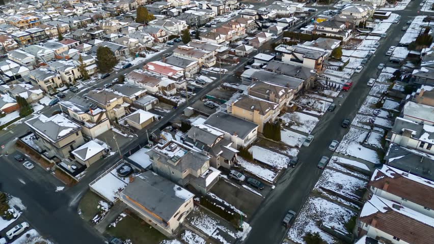 Aerial view of a snowy Vancouver, BC, neighborhood in Canada.