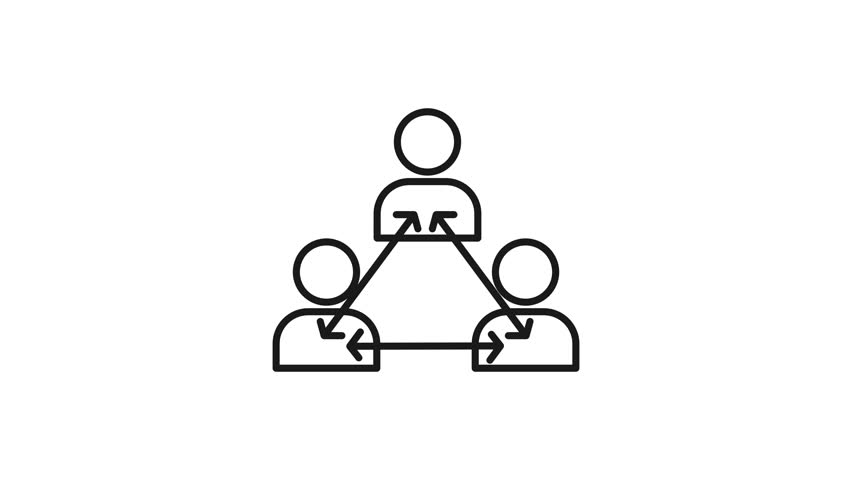 Animated icon of three people connected by lines, symbolizing teamwork and collaboration, transitioning from black outline to gradient outline. Suitable for company culture and leadership.