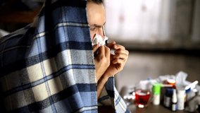 Sick Man Blowing Nose Sneeze Handkerchief. Seasonal Cold Home Treatment. Unhealthy Sick Flu Virus Illness. Unwell Illness. Sick Man Sneeze. Severe Cold  Suffering Flu ill And Runny Nose. Virus Allergy - Powered by Shutterstock - Get 15% off with code: PIKWIZARD15