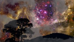 tilt view of Galaxy moving back silhouette mountain and huge tree with dark cloud on the night sky time lapse Video - Powered by Shutterstock - Get 15% off with code: PIKWIZARD15