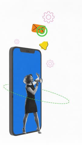 Stop motion. Animation. Businesswoman stepping out of phone screen with marketing icons, symbolizing mobile marketing and communication in digital age. Concept of social media, communication. Ad