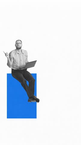 Stop motion. Animation. Businessman sitting on blue square with upward orange graph arrow, symbolizing growth and digital marketing success. Concept of social media marketing, digital, communication