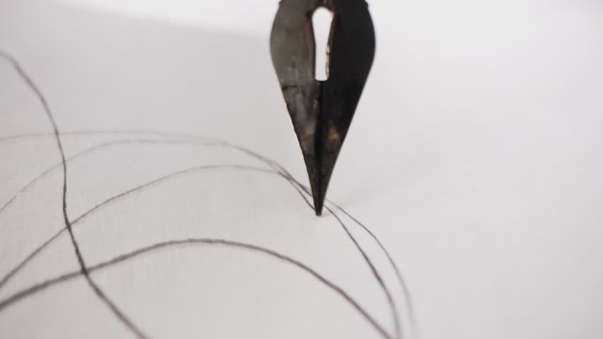 POV - Macro of Elegant Fountain Pen Drawing Swirls, Black Ink Flow, Nib Texture